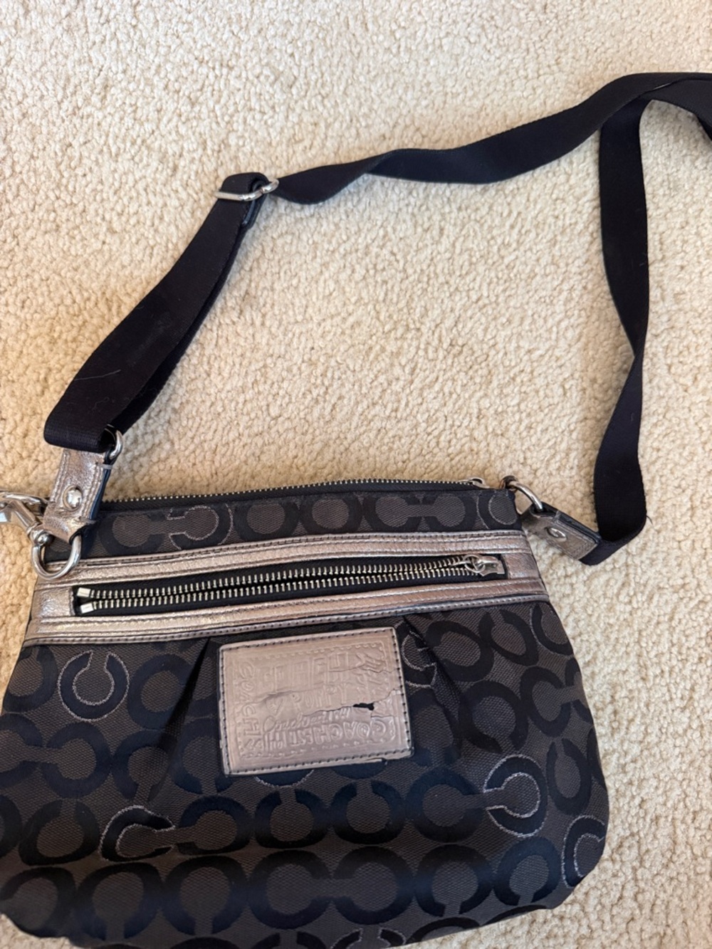 Coach Black Signature Crossbody with Metallic Trim